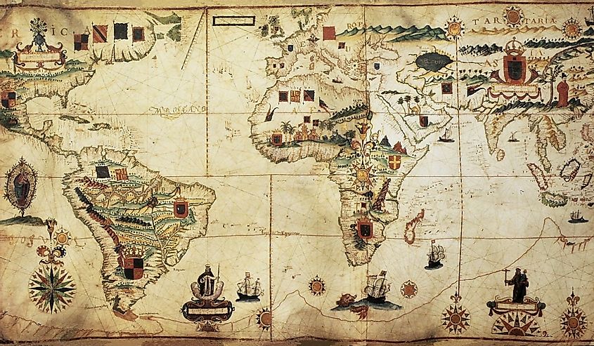 Antique world planisphere portolan map of Spanish and Portuguese maritime and colonial empire. Created by Antonio Sanches, published in Portugal, 1623