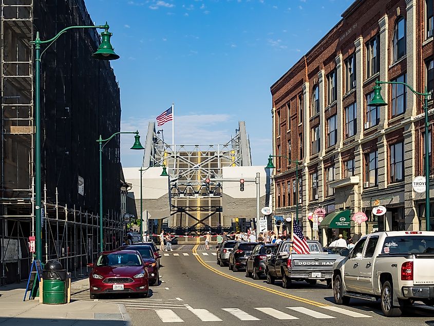 Way to the iconic drawbridge in Mystic, Connecticut