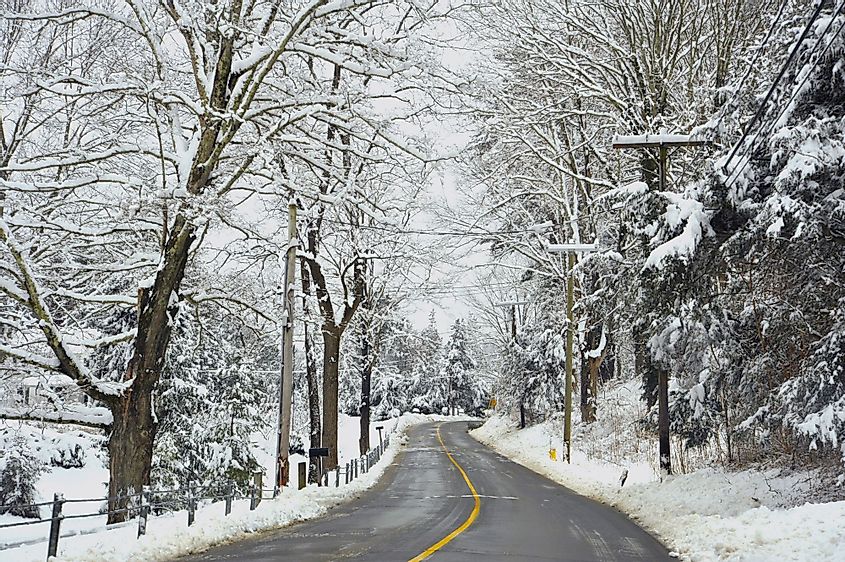 An empty road after a March snowfall in Chester, Connecticut