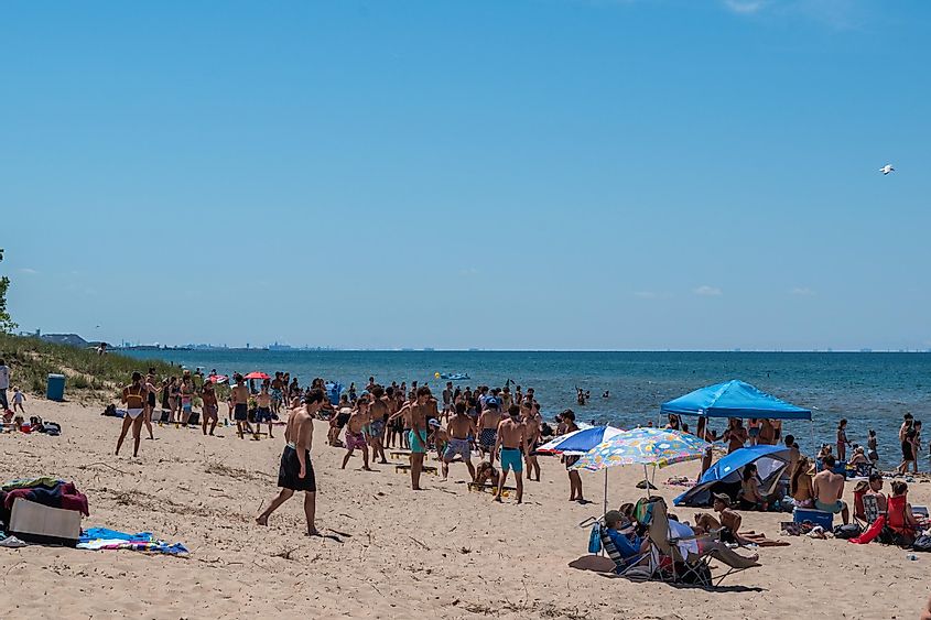 Crowded Indiana Dunes beach in Chesterton.
