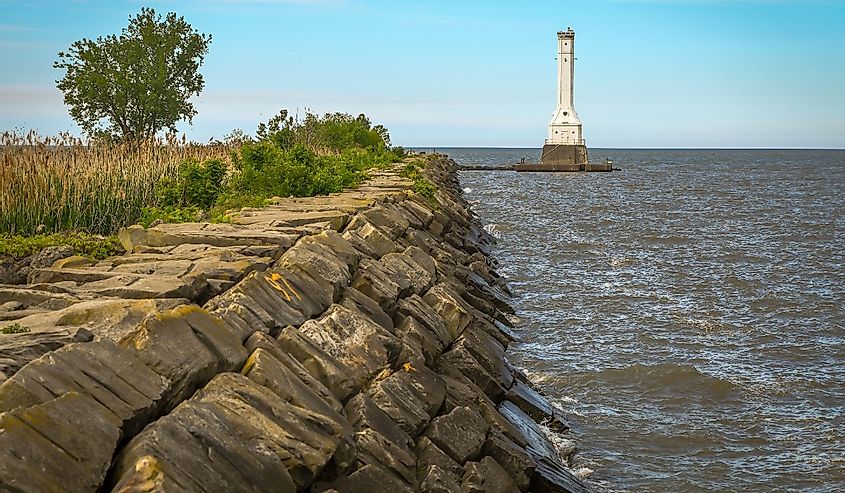 A lighthouse and jetty on Lake Erie in Huron, Ohio