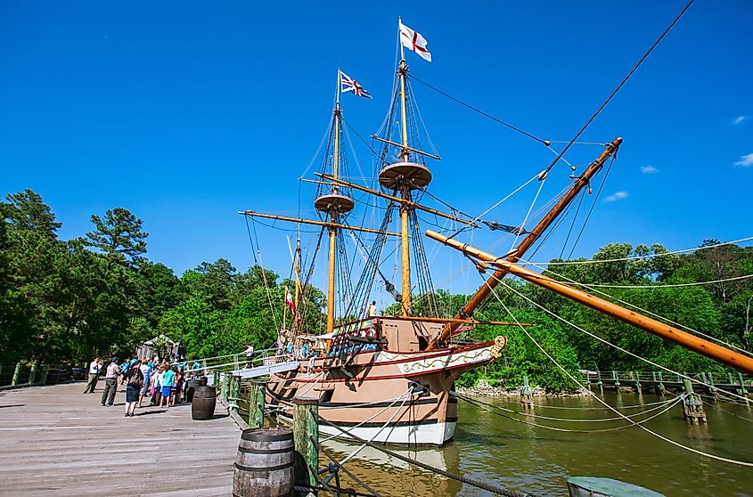 Replica of Colonial-era ships at the Jamestown Settlement in Virginia, via Travel Stock / Shutterstock.com