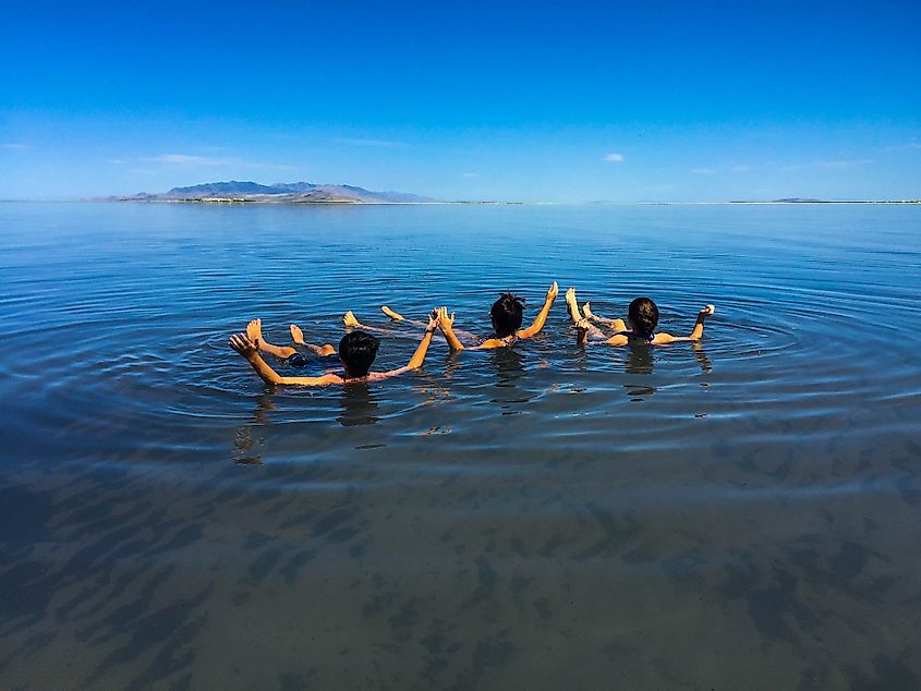People floating in the Great Salt Lake, Utah.