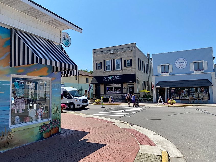 The sunny intersection of boutique shops in small town Caseville.