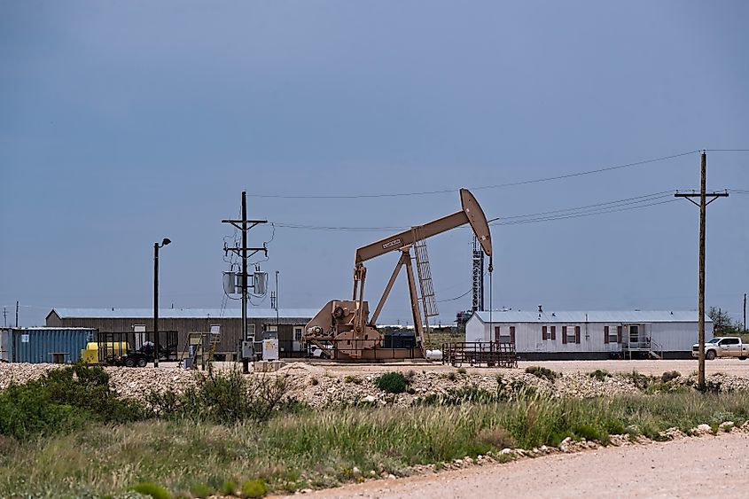 Crude oil pump jack operating in Hobbs, New Mexico, in Lea County.