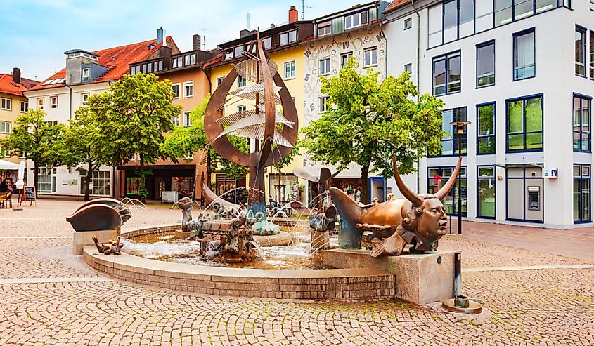 Buchhornbrunnen fountain at Adenauerplatz, main square in Friedrichshafen, Germany.