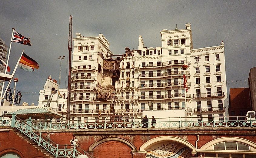 The Grand Hotel in Brighton following the IRA bomb attack. The photo was taken on the morning of October 12 1984, some hours after the blast.