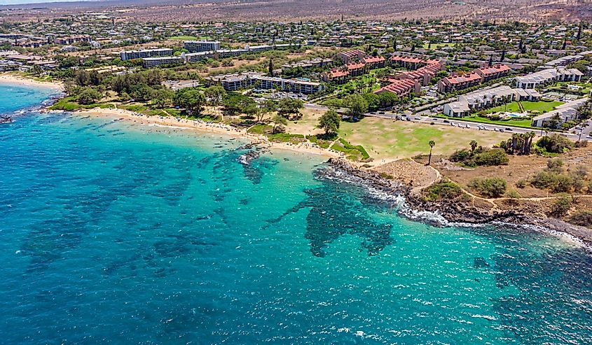 Aerial view of Kihei, Maui, Hawaii with turquoise ocean and sandy beaches