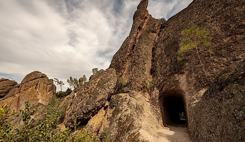 Tall rocky peak over the tunnel in Pinnacles National Park