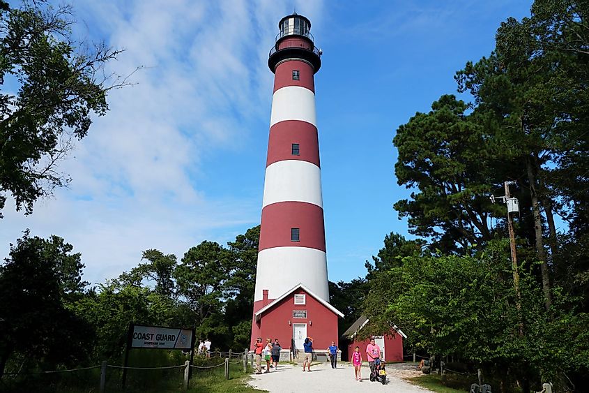 The red and white tower of Assateague Light House in Chincoteague, Virginia