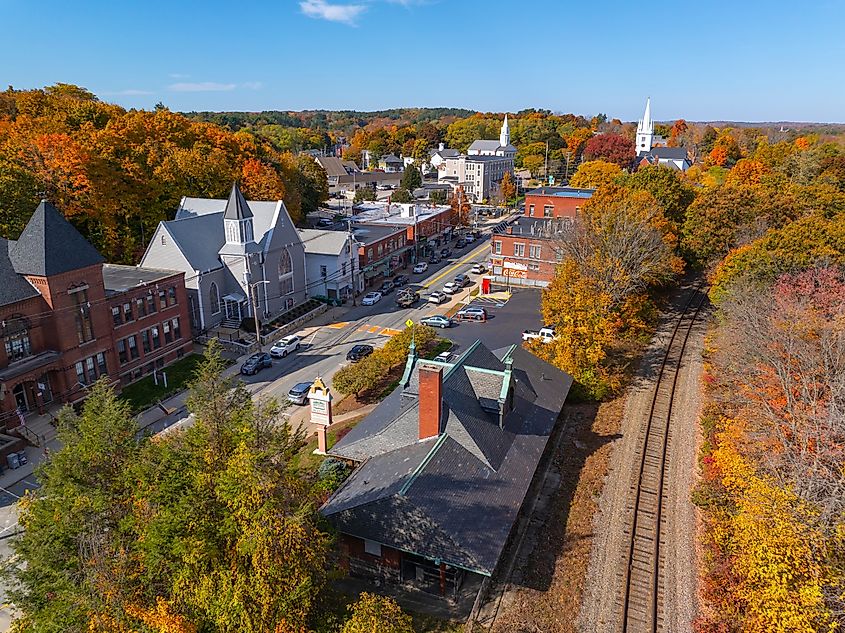 Main Street in historic town center of Uxbridge, Massachusetts