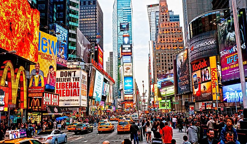 Times Square, featured with Broadway Theaters and animated LED signs, is a symbol of New York City and the United States, in Manhattan, New York City.