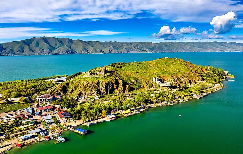Aerial view of Sevan Peninsula in Lake Sevan in Armenia. Via Shutterstock / Leonid Andronov