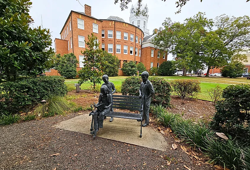 The 'A Celebration of Reading Sculpture' by Branko Medencia that features the characters from Harper Lee's 'To Kill a Mockingbird' in Monroeville, Alabama.
