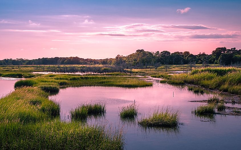 Twilight cloudscape over the flooded marsh at high tide on Cape Cod
