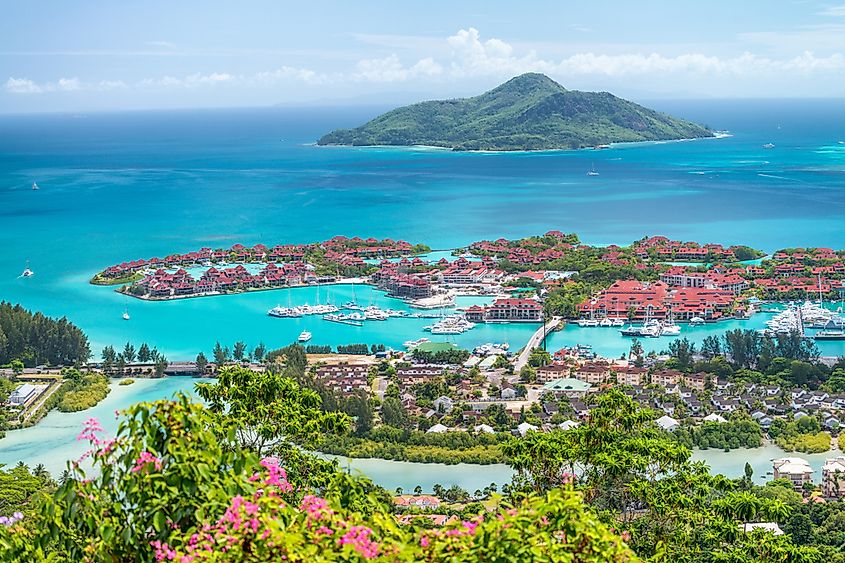 Red roofs of Eden Island, aerial view of Seychelles