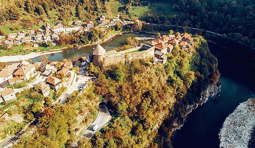 Aerial view of ancient city and castle of Vranduk in middle Bosnia.