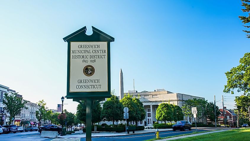 Historic district sign located at Greenwich Avenue in Greenwich, Connecticut