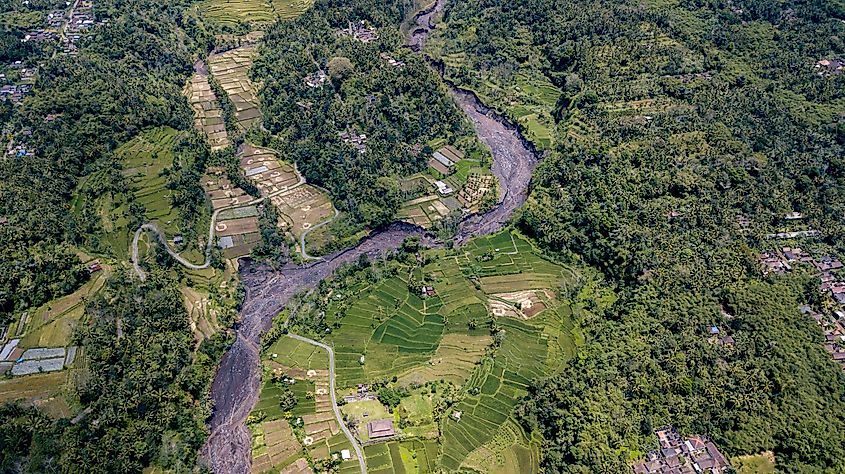 Mount Agung lahar in Bali. A lahar is a violent type of mudflow or debris flow composed of a slurry of pyroclastic material, rocky debris and water. The material flew down from mount Agung 