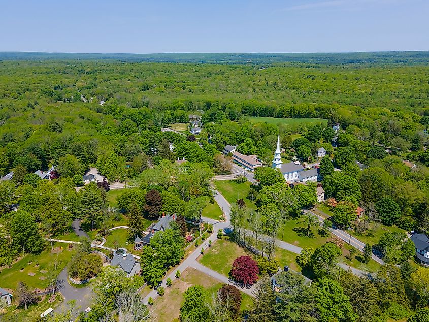 Aerial view of Thompson Hill Historic District in Thompson, Connecticut.