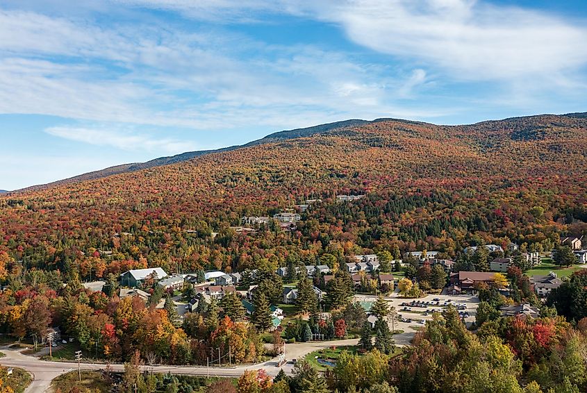 Aerial panorama of Smugglers Notch vacation and skiing resort in the fall, via Steve Heap / Shutterstock.com