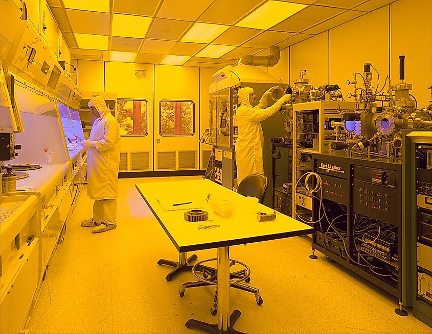 Clean room of a semiconductor manufacturing facility.