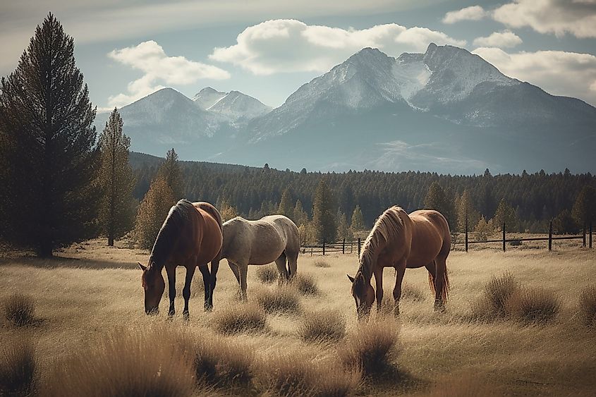 A horse ranch near Sisters, Oregon, with the Three Sisters Range in the background.