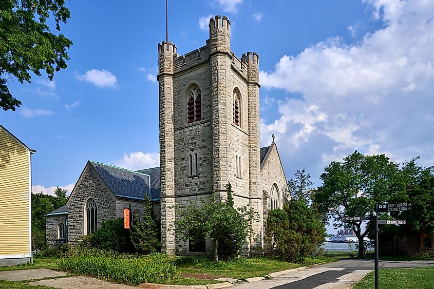 The stone tower of the Chapel of St. Cornelius in Governors Island, New York