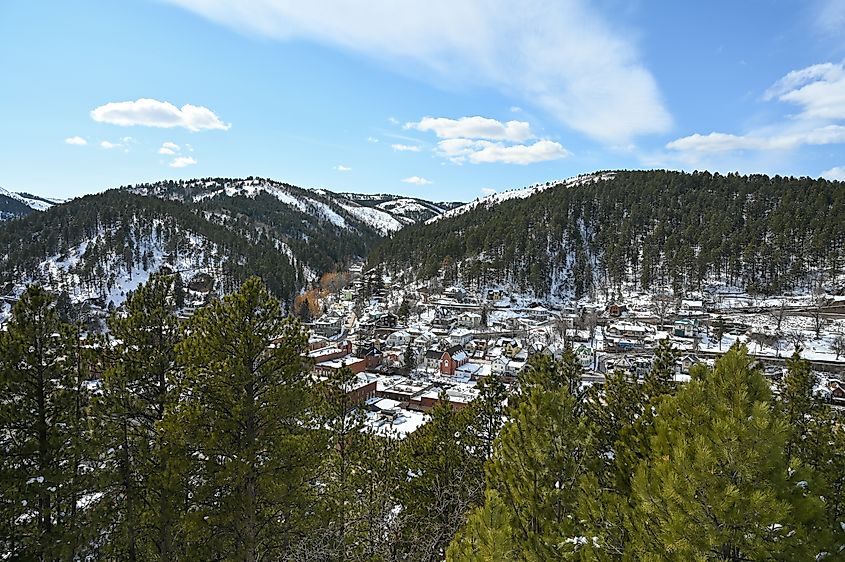 Aerial view of Deadwood, South Dakota, in winter.