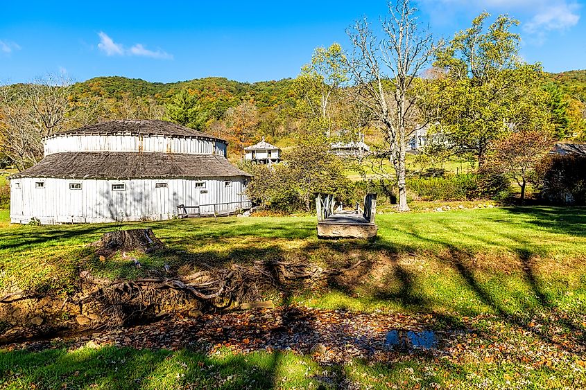 Warm Springs historic town and old run-down closed Jefferson Pools octagon architecture building in Virginia Bath County countryside in mountains