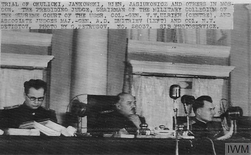 Presiding judge of the first Moscow Trial, Colonel-General Vasiliy Ulrikh (center)