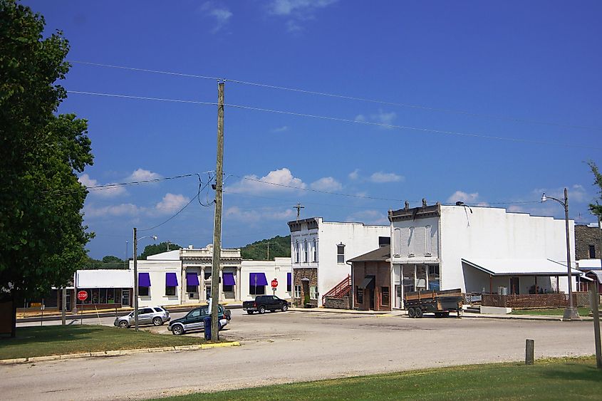 Businesses along East Parksquare in Mansfield, Missouri, United States.