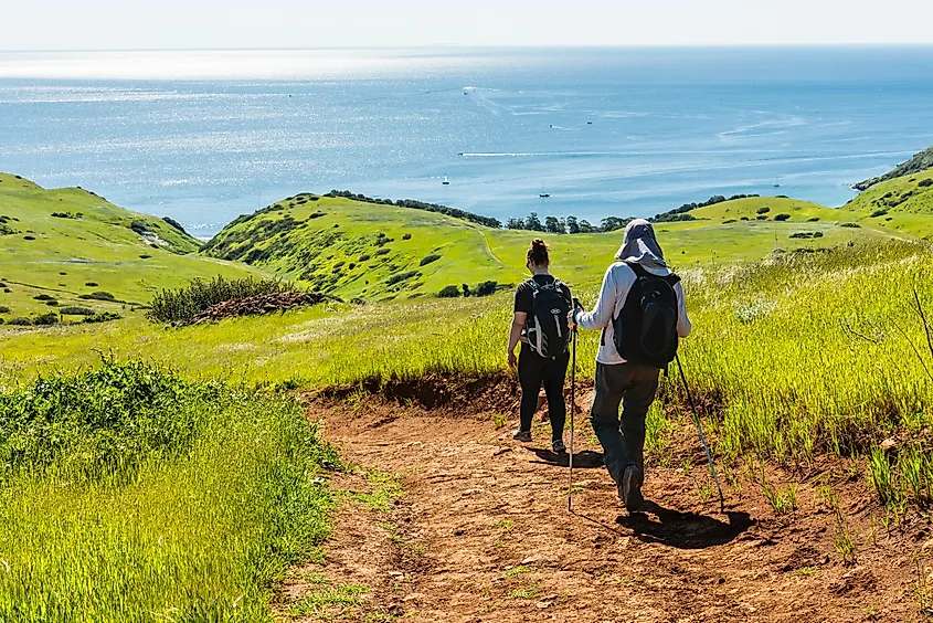 Hikers on Smugglers Road descending to Smugglers Cove on Santa Cruz Island, Channel Islands National Park, California