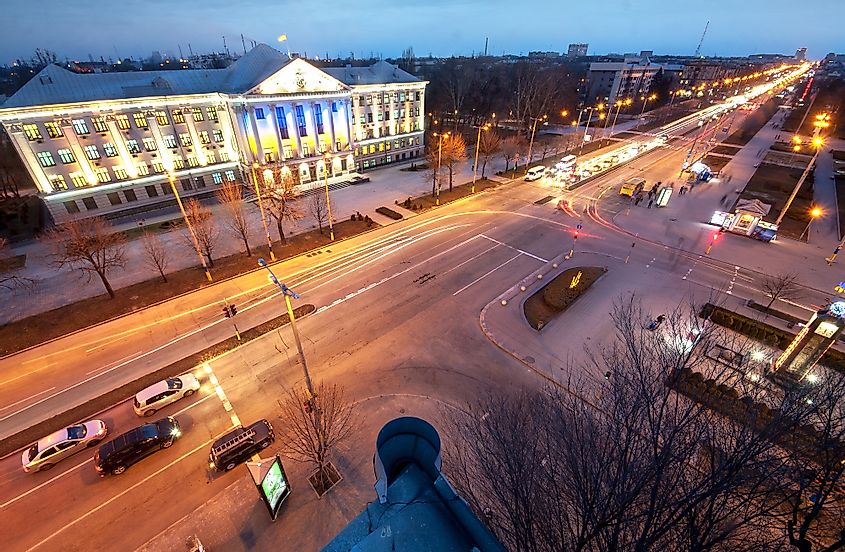 Soborny Avenue and Shevchenko Square in center in Zaporozhye, Ukraine