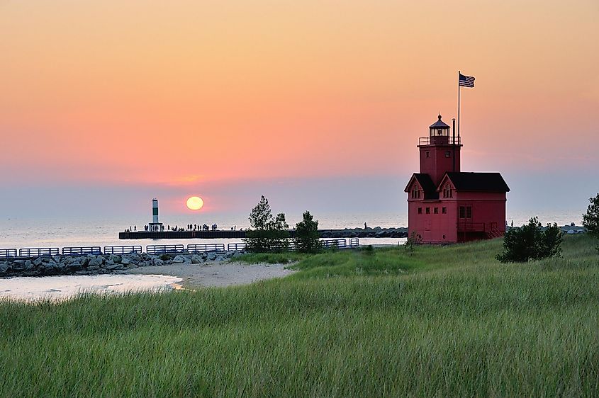 Holland Michigan Lighthouse sunset . Also known as Big Red.