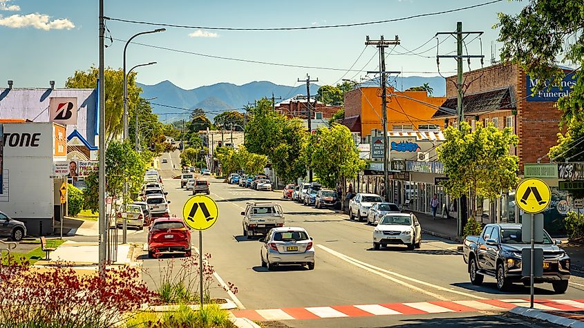View along Wollumbin Street in Murwillumbah, New South Wales, Australia.