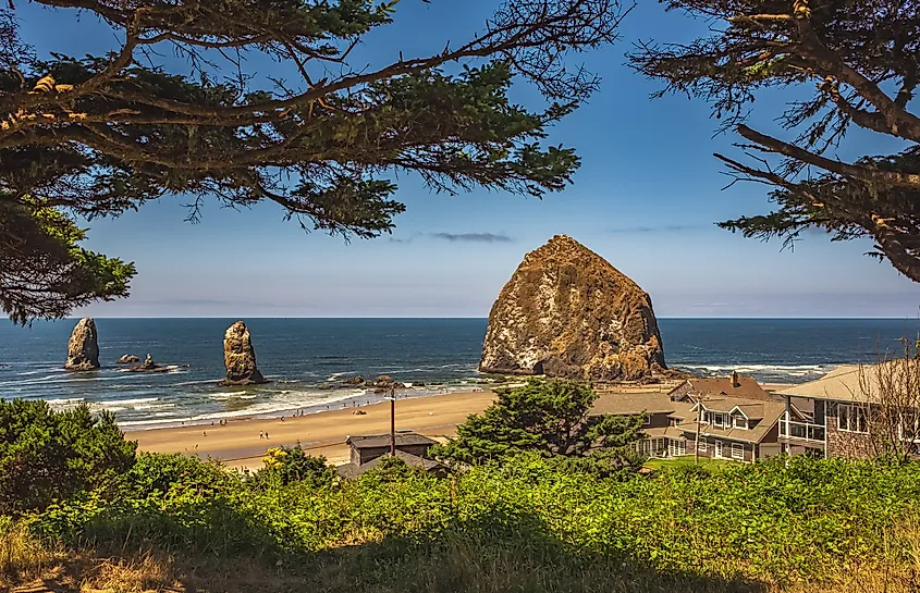 View of coastal homes and the Haystack Rock in Cannon Beach, Oregon