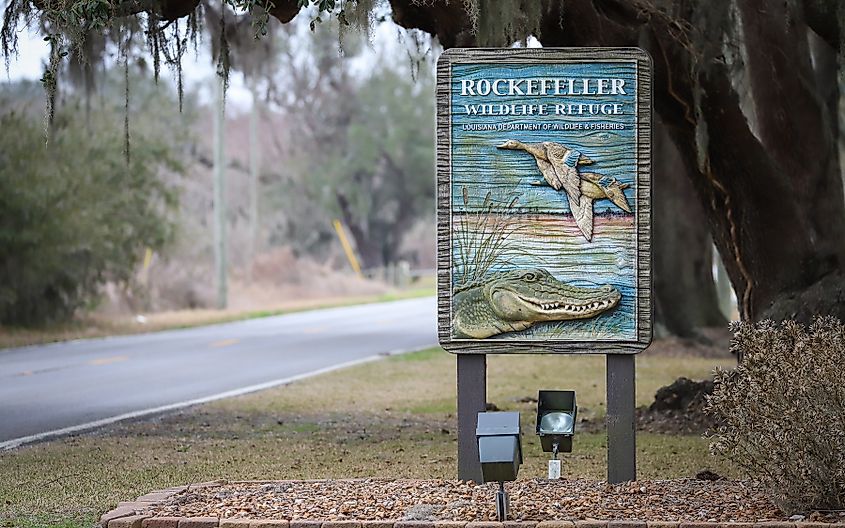 Sign for the Rockefeller Wildlife Refuge in Louisiana.