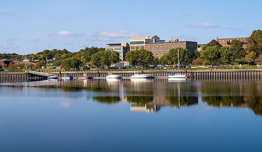 Boats moored along the Penobscot River in Bangor Maine