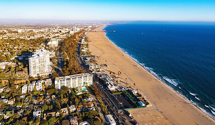 Aerial view of the beach in Santa Monica, California