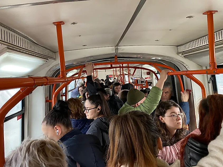 The view inside a packed city tram.