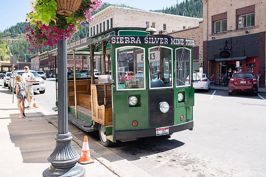 The trolley waiting to take tourists on a silver mine tour in Wallace, Idaho