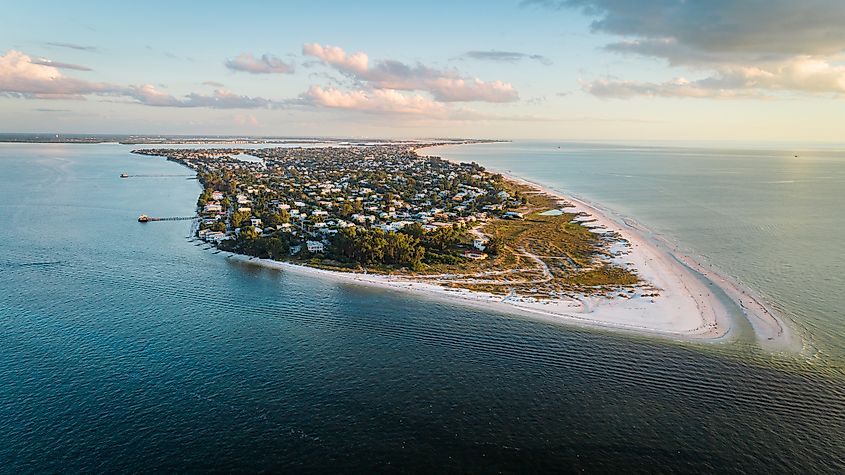 Aerial shot of Bean Point Beach in Anna Maria Island, Florida. Editorial credit: Noah Densmore / Shutterstock.com