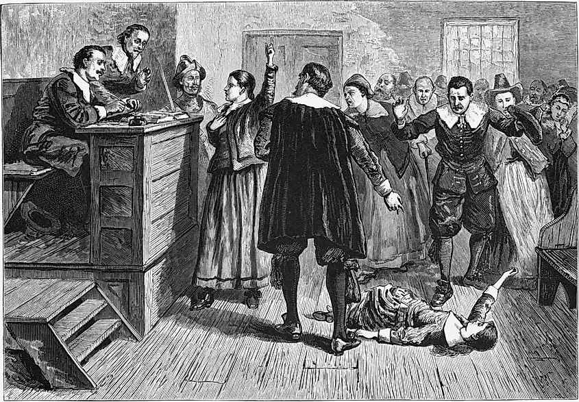 An illustration depicting the Salem Witch trials. 