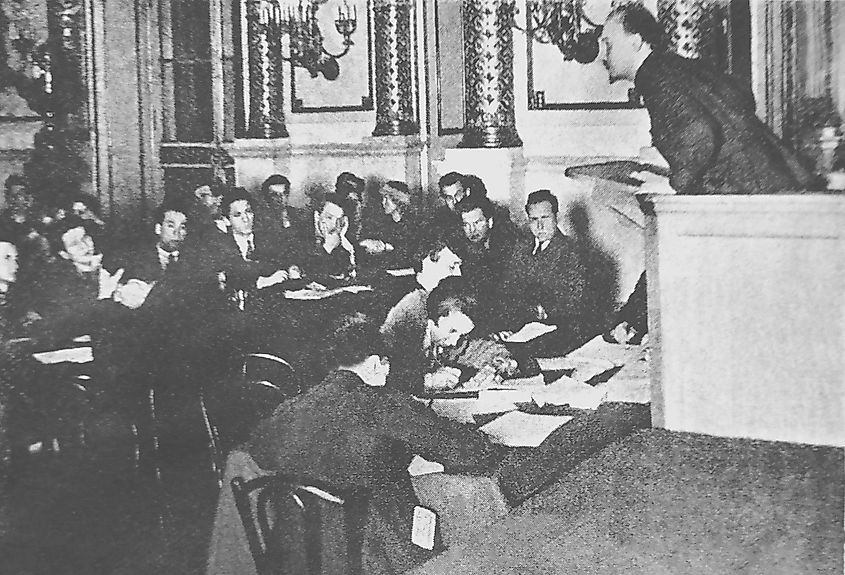 Nikolai Bukharin delivers the welcome speech on the meeting of Young Communist International 1925
