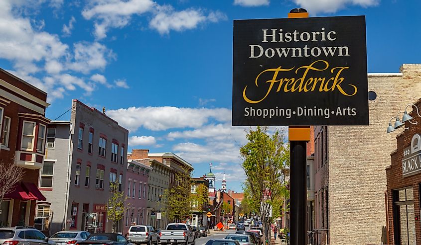 Historic Downtown Frederick Maryland sign in downtown area.