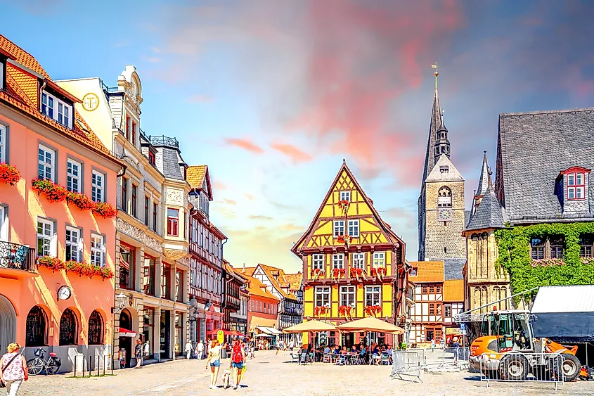 Old town of Quedlinburg in Saxony-Anhalt, Germany, with historic half-timbered houses