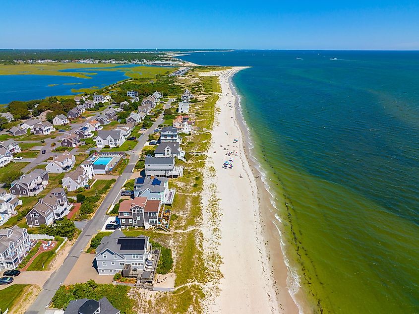 Seagull Beach aerial view in summer in West Yarmouth, Cape Cod, Massachusetts MA, USA.