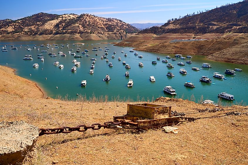 Lake Oroville on the morning of Memorial Day 2021. In May 2021, water levels of Lake Oroville dropped to 38% of capacity during megadrought.