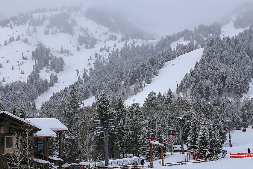 Jackson, Wyoming / USA - December 24, 2018: Downhill ski terrain and gondola chair lifts at Jackson Hole ski resort